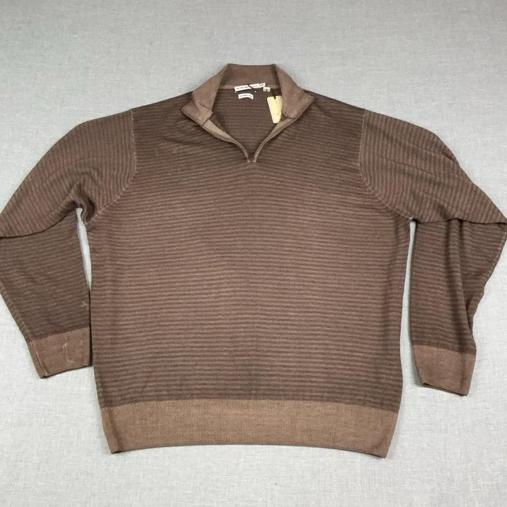 Peter Millar Sweater Mens 2XL Brown 1/4 Zip Mock Neck Merino Wool Striped Italy